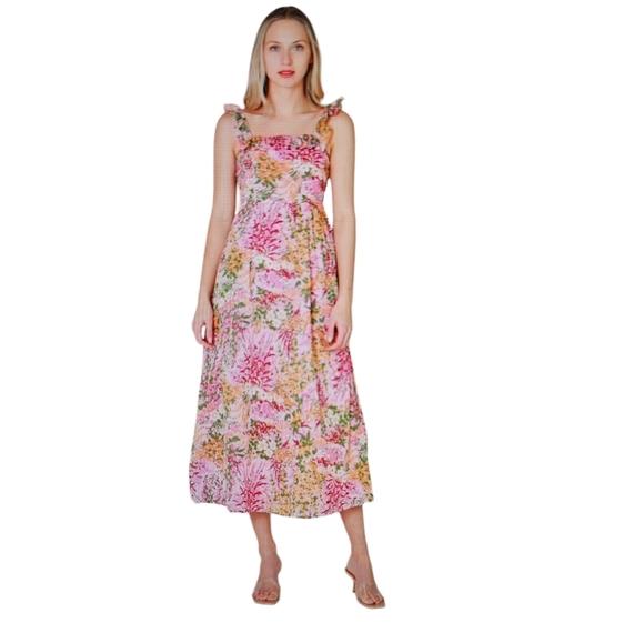 Banjanan Alexa Floral Ruffle Midi Dress Pink Small Preowned - Picture 2 of 11